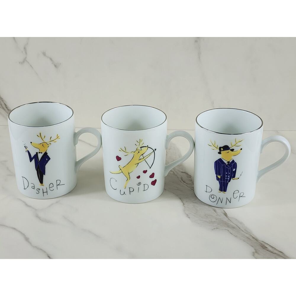 Christmas Pottery Barn Reindeer Coffee Mug Teacup 12oz Dasher Cupid Donner 4" x3